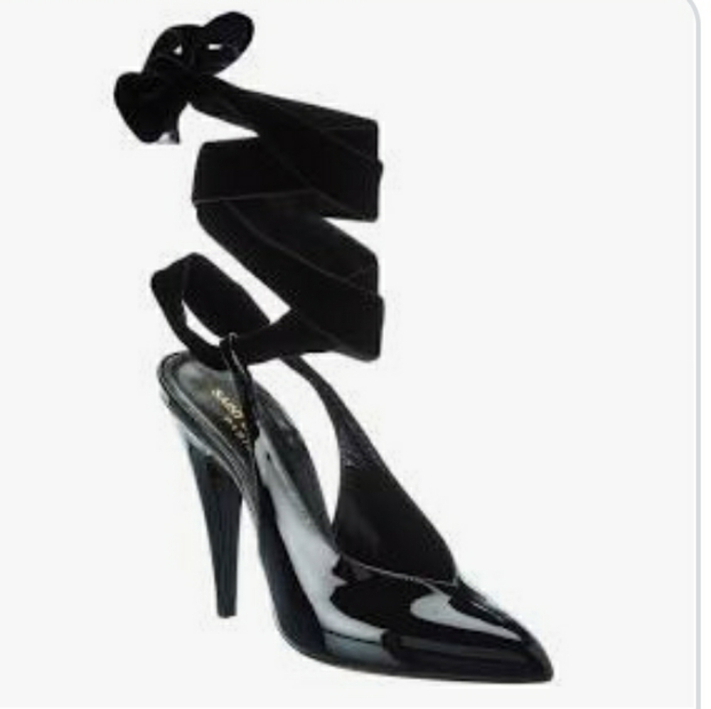 SAINT LAURENT VENUS Patent  and Velvet Ankle Tie Pump Size 42